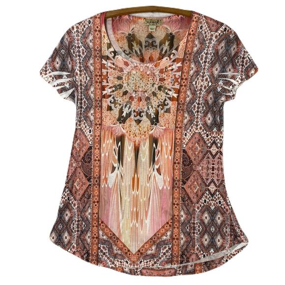 ONE WORLD Boho Printed Knit Flutter Sleeve T-Shirt Women’s Size S - Picture 2 of 11